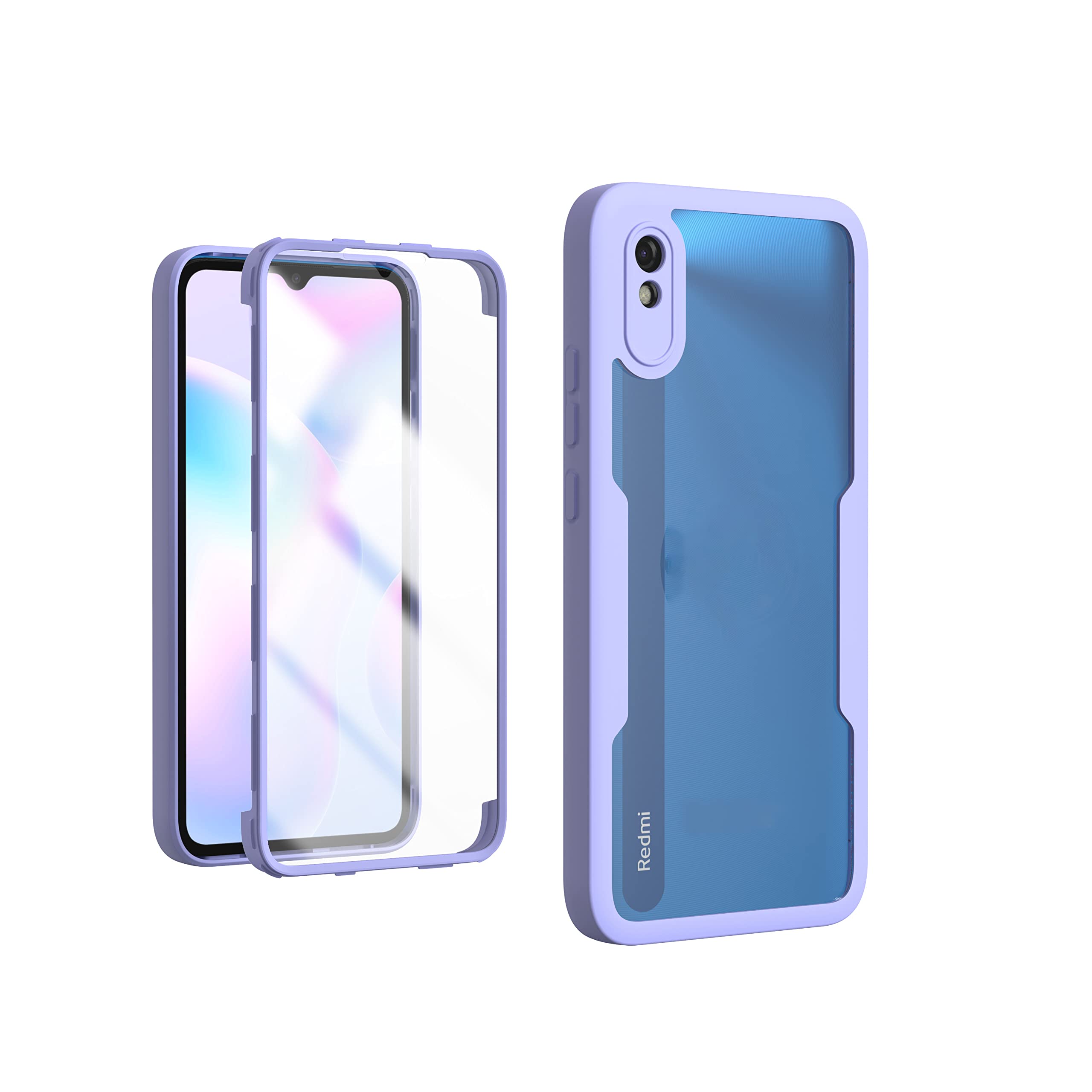 PEIYE Case for Xiaomi Redmi 9AT / Redmi 9A, 360 degree Full Body Protective Cover with Built-in Screen Protector, Transparent Silicone Bumper Protection Phone Shell -Purple
