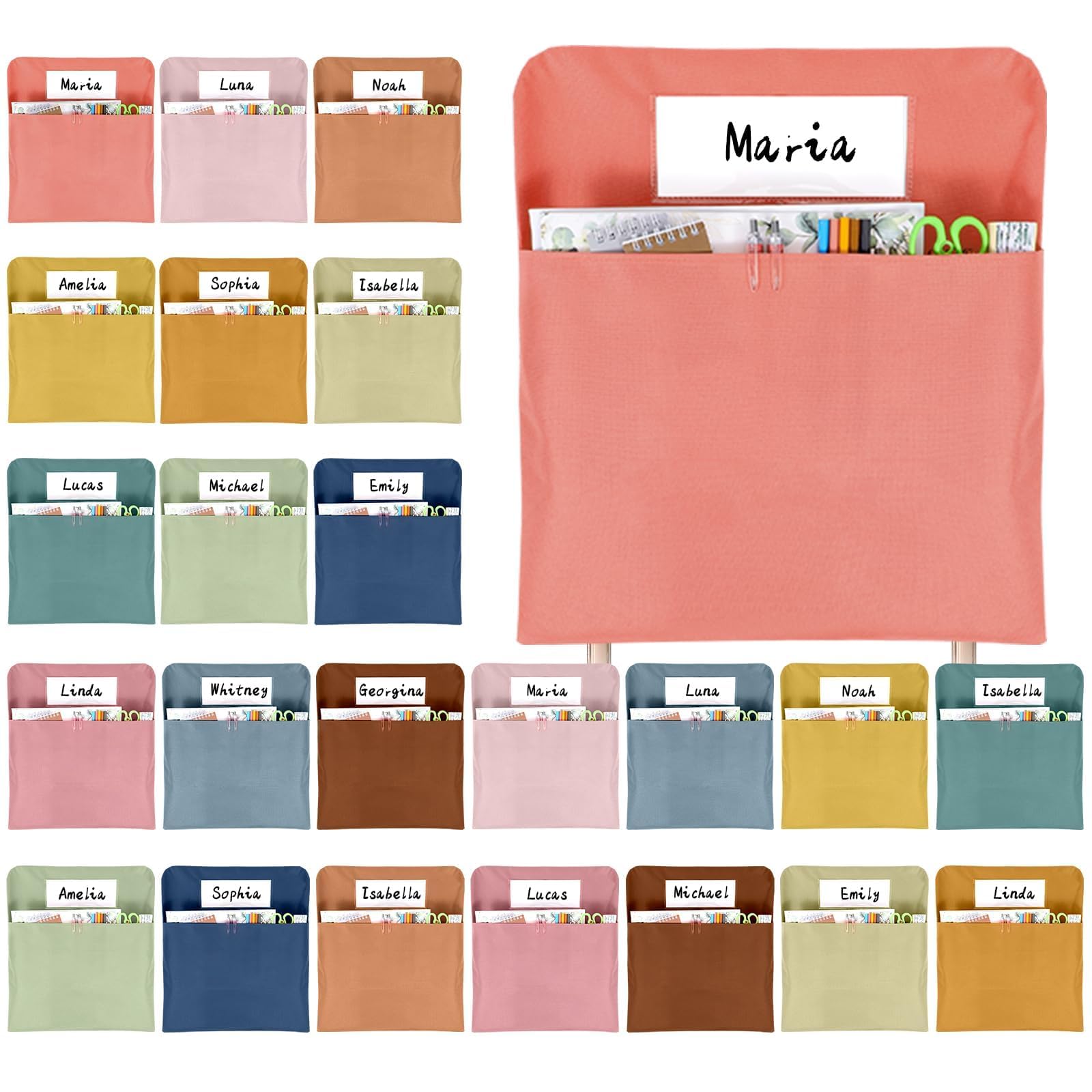 Photo 1 of 24 Pcs Chair Pockets for Classroom 17 x 20 Inch Seat Sacks with Name Tag for Classroom Chairback Pocket Chart K-2 Chairs Seat Back Organizer for Elementary School Daycare Home Supplies (Boho)