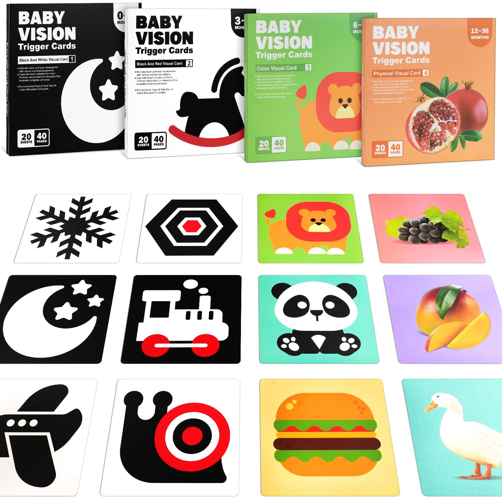 Aolso High Contrast Baby Flashcards, 80Pcs Flash Cards, 160 Pages Black-and-White Flash Cards for Visual Stimulation and Brain, Baby Toys for 0-36 Months-B-80pcs