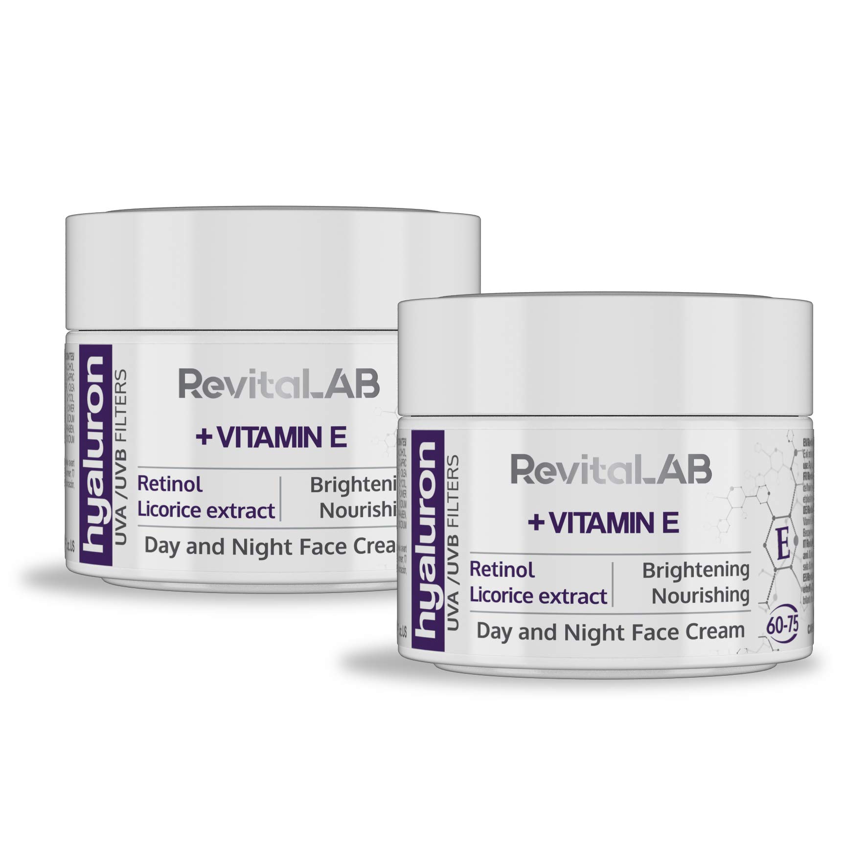 RevitaLAB Hyaluron Anti-Ageing Day and Night Cream, Enriched with Vitamin A (Retinol) Vitamin E, Liquorice Root Extract, Hyaluronic Acid and UV Filters, for Ages 60 – 75, 2x 50 ml (Multipack)