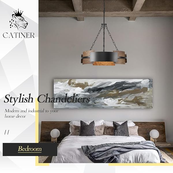 MODERN CHANDELIER 24″ INDUSTRIAL DRUM LIGHT FIXTURE BLACK METAL 6-LIGHT HANGING CHANDELIER WALNUT WOOD GRAIN FOR LIVING DINING ROOM FOYER ENTRYWAY KITCHEN