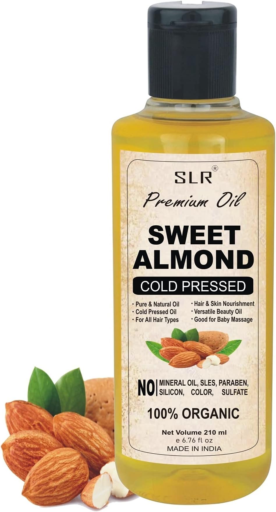 SLR Khadi Sweet Almond Cold Pressed Oil - Badam Oil For Skin, Hair Care & Baby Massage Herbal & Natural Hair Oil (210 ml)