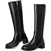 Reitoye Knee High Boots Women Round Toe Chunky Block Heeled Boots Side Zipper Tall Gogo Boots Shoes