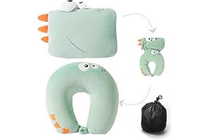 qianliyer 2-in-1 Deformable Travel Neck Pillow - Adorable Animal Design for Kids, Men, and Women - Car seat headrest - Ideal for Traveling, Relaxing, and Home Use - Green Dinosaur Theme