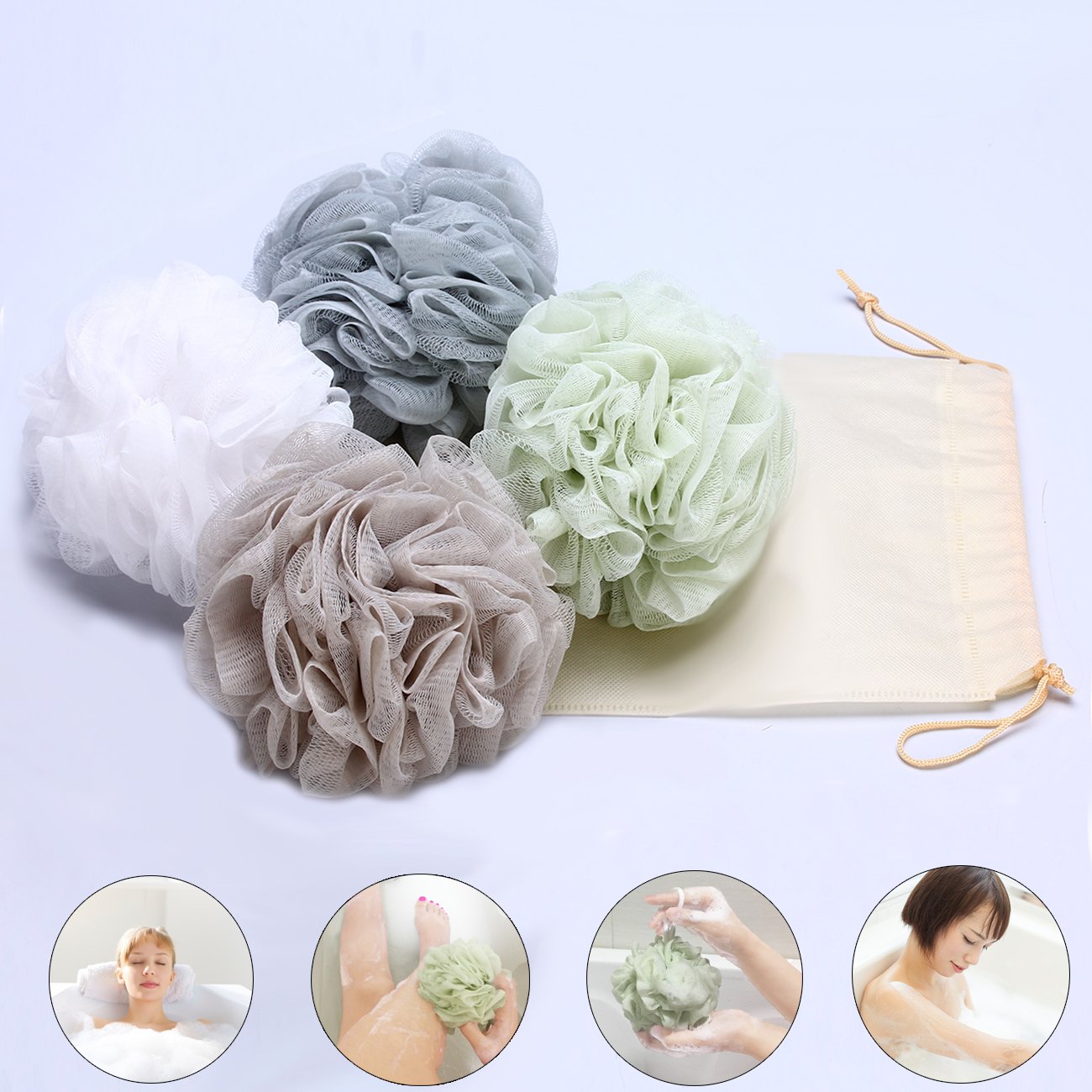 Goworth Large Bath Shower Sponge Pouf Loofahs 4 Packs 60g Each Eco-friendly Exfoliating Mesh Brush Pouf Bath Shower Ball Sponge 4 Colors-Exfoliate, Cleanse, Soothe Skin: Beauty