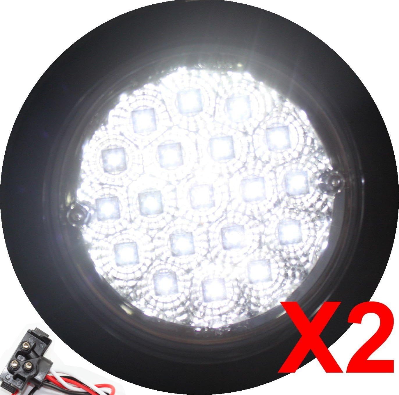 Radiant Pair of 4" Round LED Back-up Reverse Light Kits Extra Bright White with Grommet, Plug Clear Lens Truck Trailer RV Pack of 2 25114C-WK