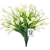 TURNMEON 12 Bundles Calla Lily (240 Heads) Artificial Flowers for Outdoors, Fake Plants UV Resistant Faux Plastic Fake Flowers for Indoor Planter Home Porch Yards Summer Cemetery Spring Decor(White)