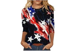 XIAXOGOOL Women Fourth of July Shirt 3/4 Sleeve Summer Tops USA Flag Shirts Retro Print Quarter Length Sleeve Tunic Blouses