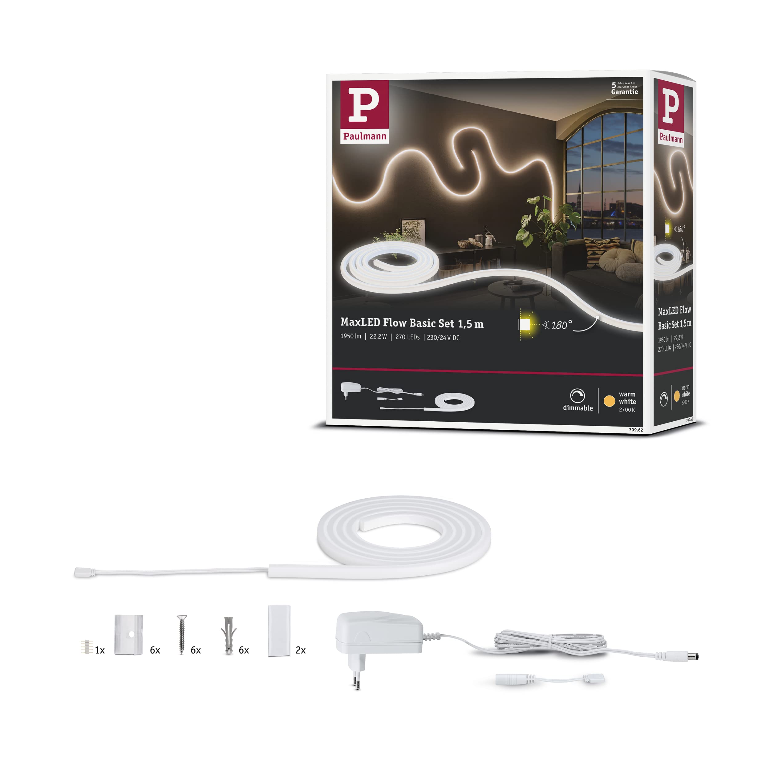 Paulmann 70962 MaxLED Flow 21 Watt LED Stripe Base Set Dimmable 1.5 m White Plastic 2700 K Warm White