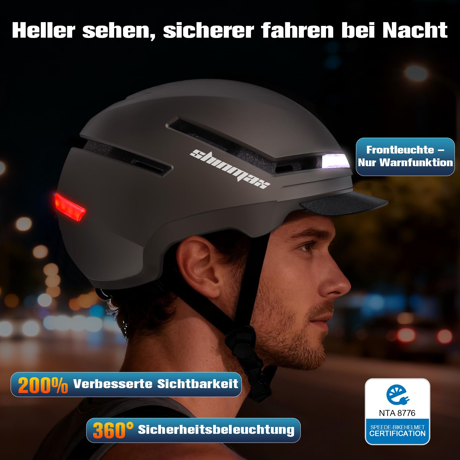Shinmax Fahrradhelm Damen Herren mit Blinker & Licht, Fahrrad Helm Erwachsene mit USB Wiederaufladbare LED-Rücklicht, Radhelm für E-Bike, S-Pedelec, Scooter 3