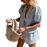 Yuemengxuan Women Y2k Peplum Shirt Shorts Set Two Piece Lounge Set Pajamas Sets Puff Sleeve Tie Front Top 2pcs Pj Outfits