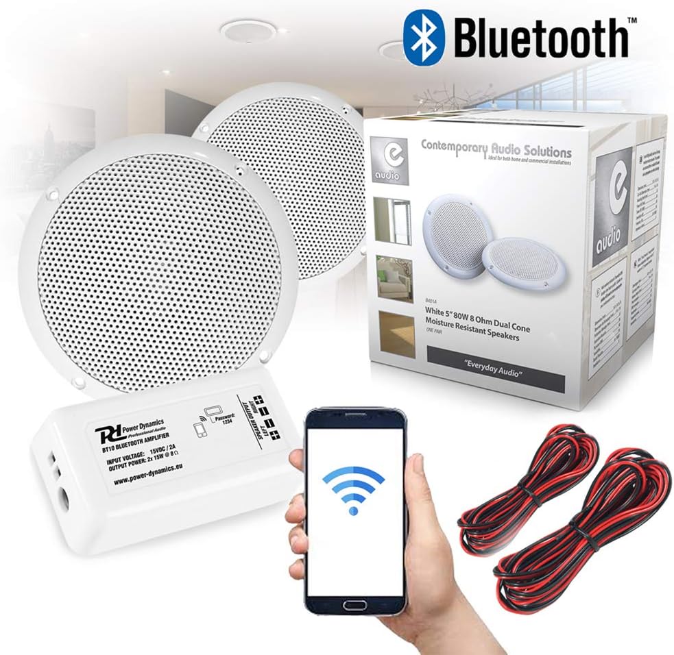 Power Dynamics Bluetooth Ceiling Speakers and Amplifier System for Kitchen Bathroom Home Audio Wireless