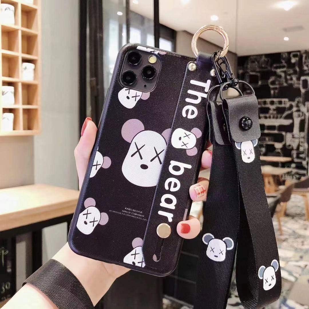 Yunbao iPhone11 Pro Max case Anti-Fall Cartoon Cute Beautiful Lanyard Wristband Holder iPhone case (Black XX Bear, iPhone 11 Pro Max)