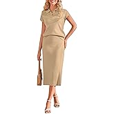 Arach&Cloz Women's Soft 2 Piece Sets Summer Polo Shirt and Midi Skirt Sweaters Outfits 2025