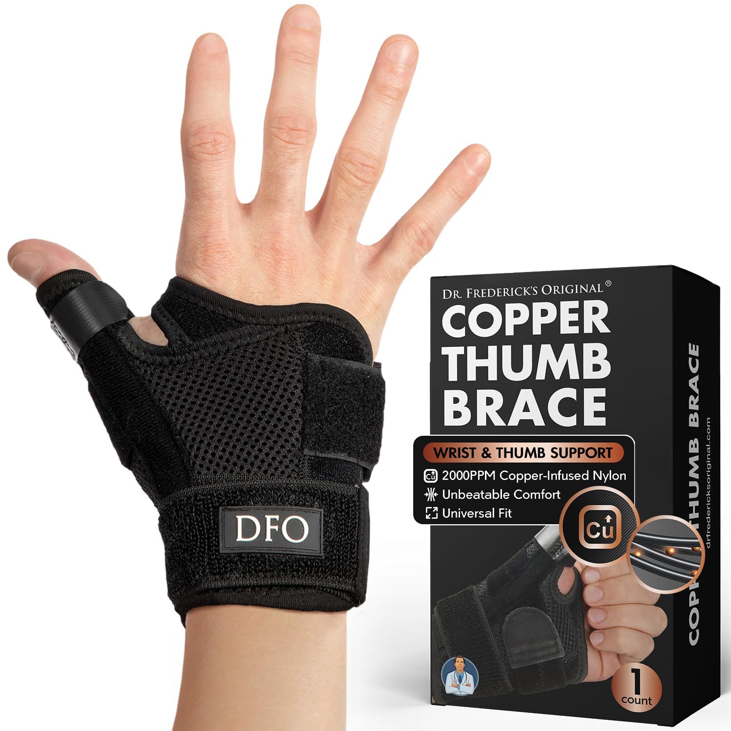 Photo 1 of Dr. Frederick's Original Reversible Copper Infused Wrist Thumb Brace - 1 Brace - Spica Splint for De Quervain’s Tendonitis, Arthritis, CMC, Pain Relief - Left or Right Hand - Fits Men and Women