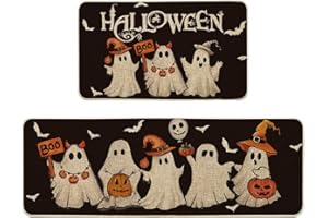 Artoid Mode Ghost Pumpkin Bat Black Halloween Kitchen Mats Set of 2, Black Home Decor Low-Profile Kitchen Rugs for Floor - 17x29 and 17x47 Inch