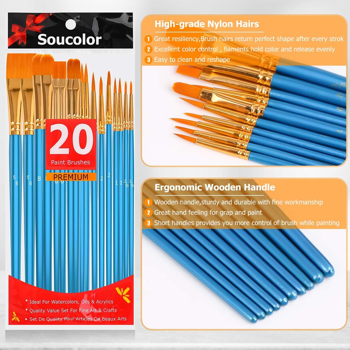 Soucolor Acrylic Paint Brushes Set, 20Pcs Artist Paintbrushes Paint Brushes for Acrylic Oil Watercolor, Canvas Body Face Rock Painting Kit, Fine Detail Miniature, Adult/Kids Arts Crafts Supplies