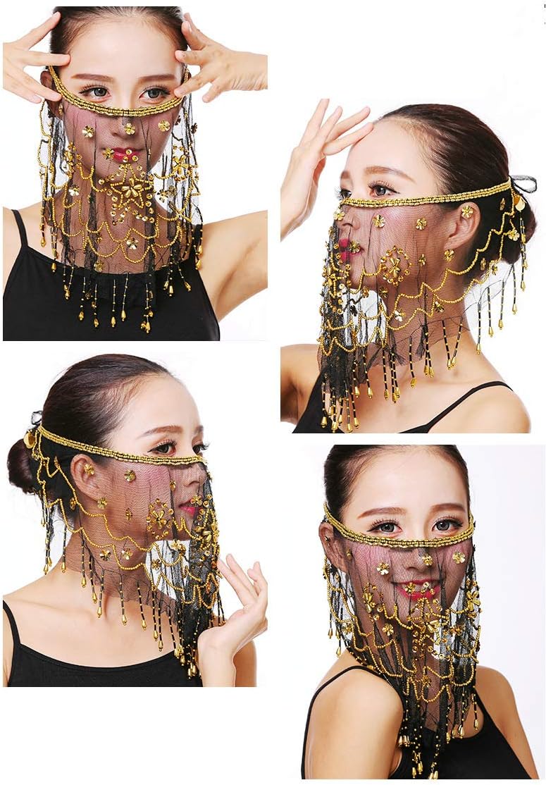 Baisdan Belly Dance Face Veil with Beads Sequins Cosplay Halloween Carnival Costume Accessory, Black, One Size (Pack of 1) - Image 4