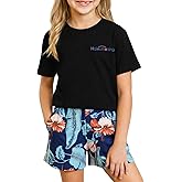 Haloumoning Girls 2 Piece Summer Outfits Kids Cute Graphic Tees and Elastic Waist Shorts Set Hawaiian Vacation Outfit