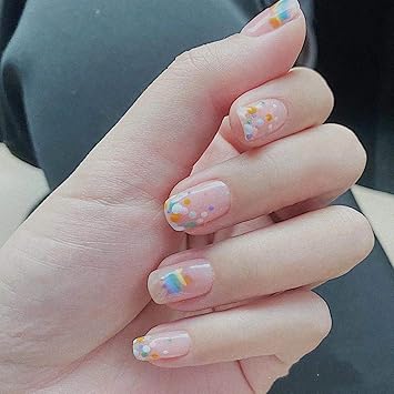 Amazon Com Misud 24pcs Short Fake Nails Cute Rainbow Color False Nails Glossy Square Acrylic Nails For Daily Use Beauty