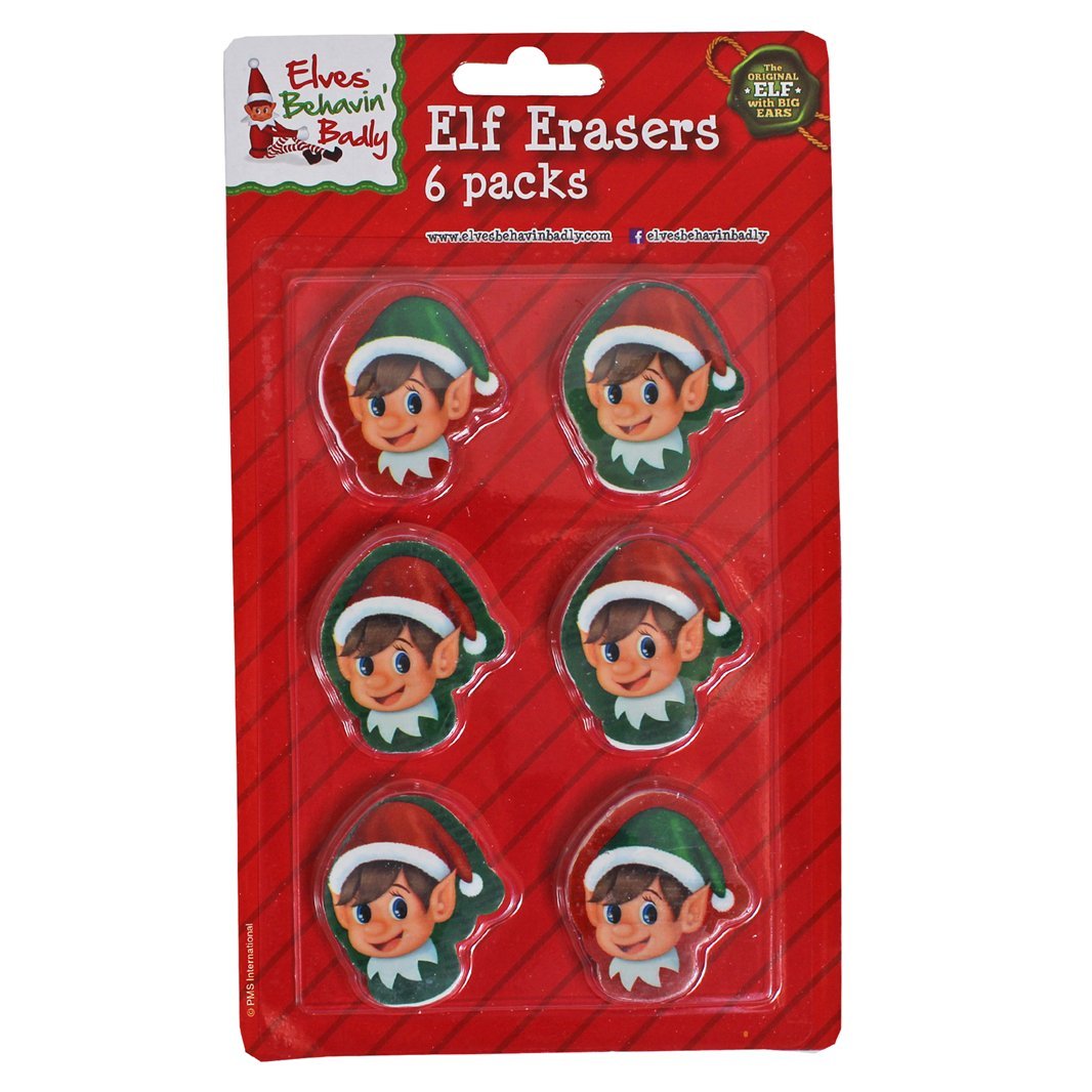 PMS 6PC 2ASS COL ELF HEAD SHAPE 2D ERASER.ON BLISTER CARD.24