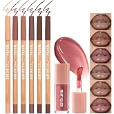 AOJUIGO 7Pcs Lip Liner &amp; Lip Gloss Kit &ndash; Lip Defining Lip Combo Set for Precise Lip Outline, Fuller Looking Lips, Gradient Lips &amp; Glass Lips Look, High Shine Volume Lips Viral Lip Combo, #Nude Brown
