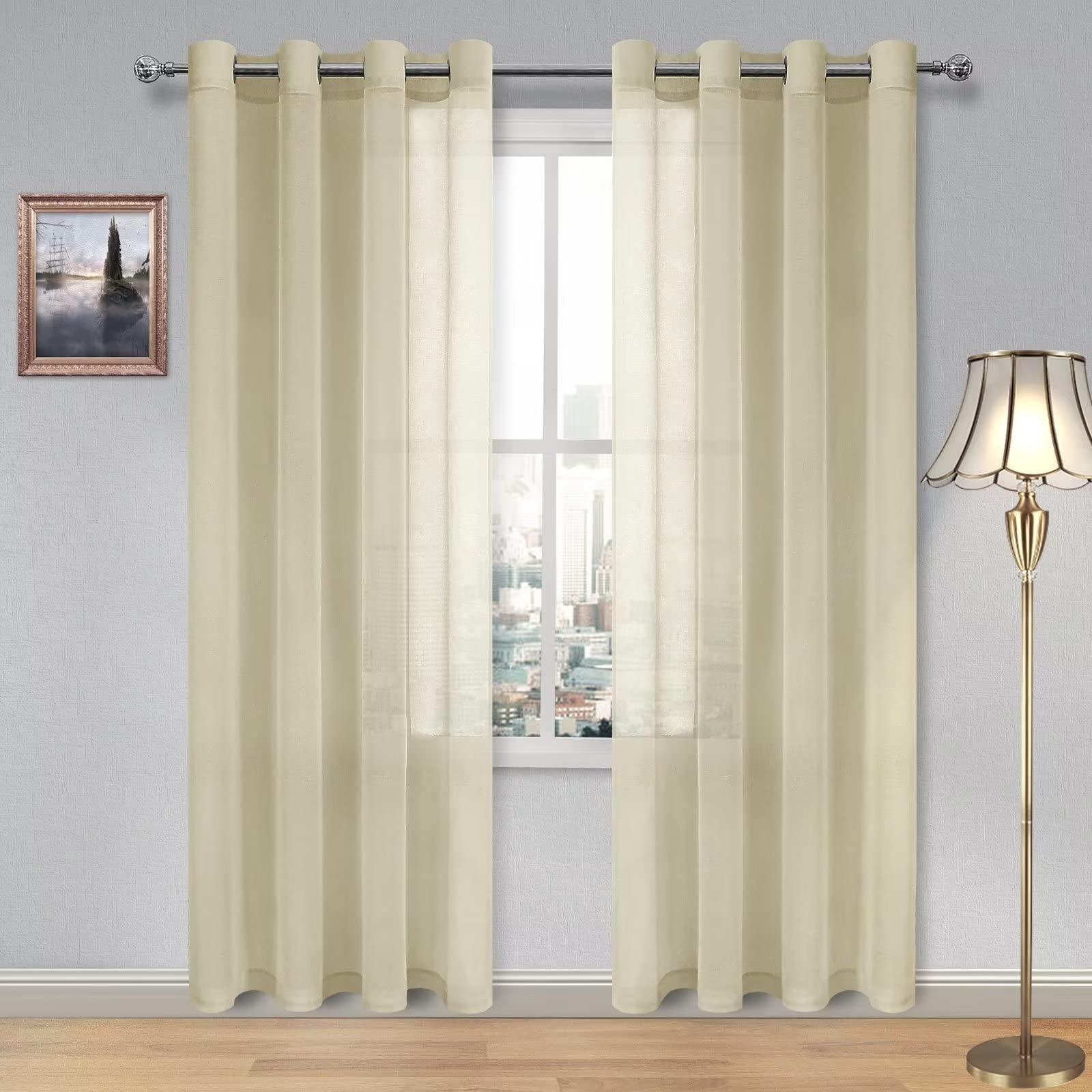 DWCN Beige Sheer Curtains Textured Semi Transparent Eyelet Top Decorative Voile Curtain for Living Bedroom, 55" Wide x 96" Drop, 2 Panels