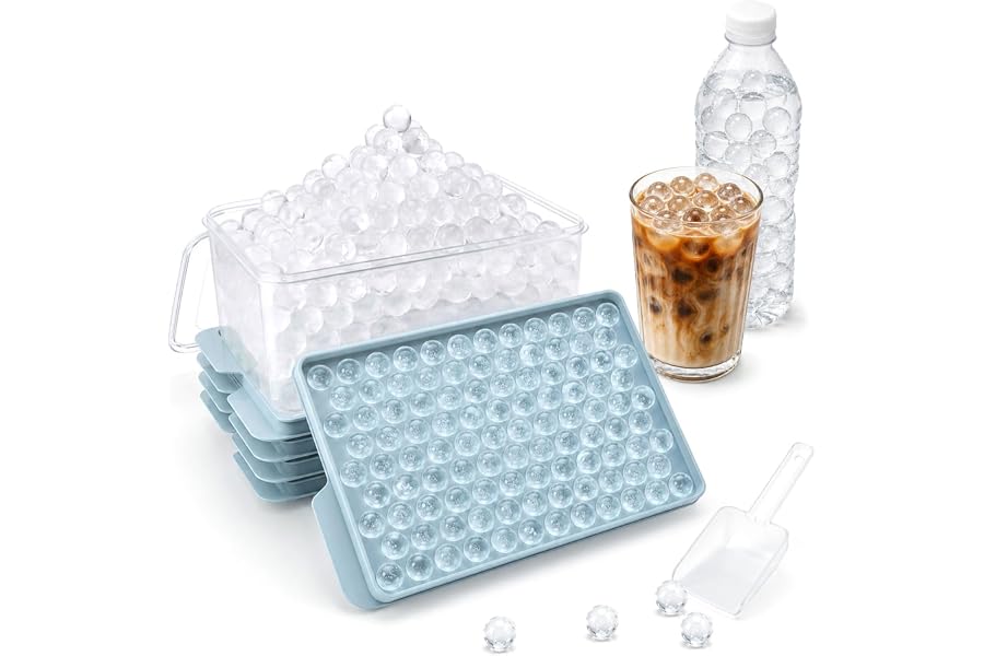Mini Ice Cube Trays, 4pk, Make Tiny Pebble Ice Balls for Coffee, Fast Chill, Easy Release, Stackable with Lid & Storage Bin
