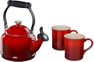 Le Creuset Enamel On Steel Demi Kettle with Metal Finishes & Stoneware Set of 2 Mugs, 1.25 qt. Kettle & (2) 14 oz. Mugs, Cerise