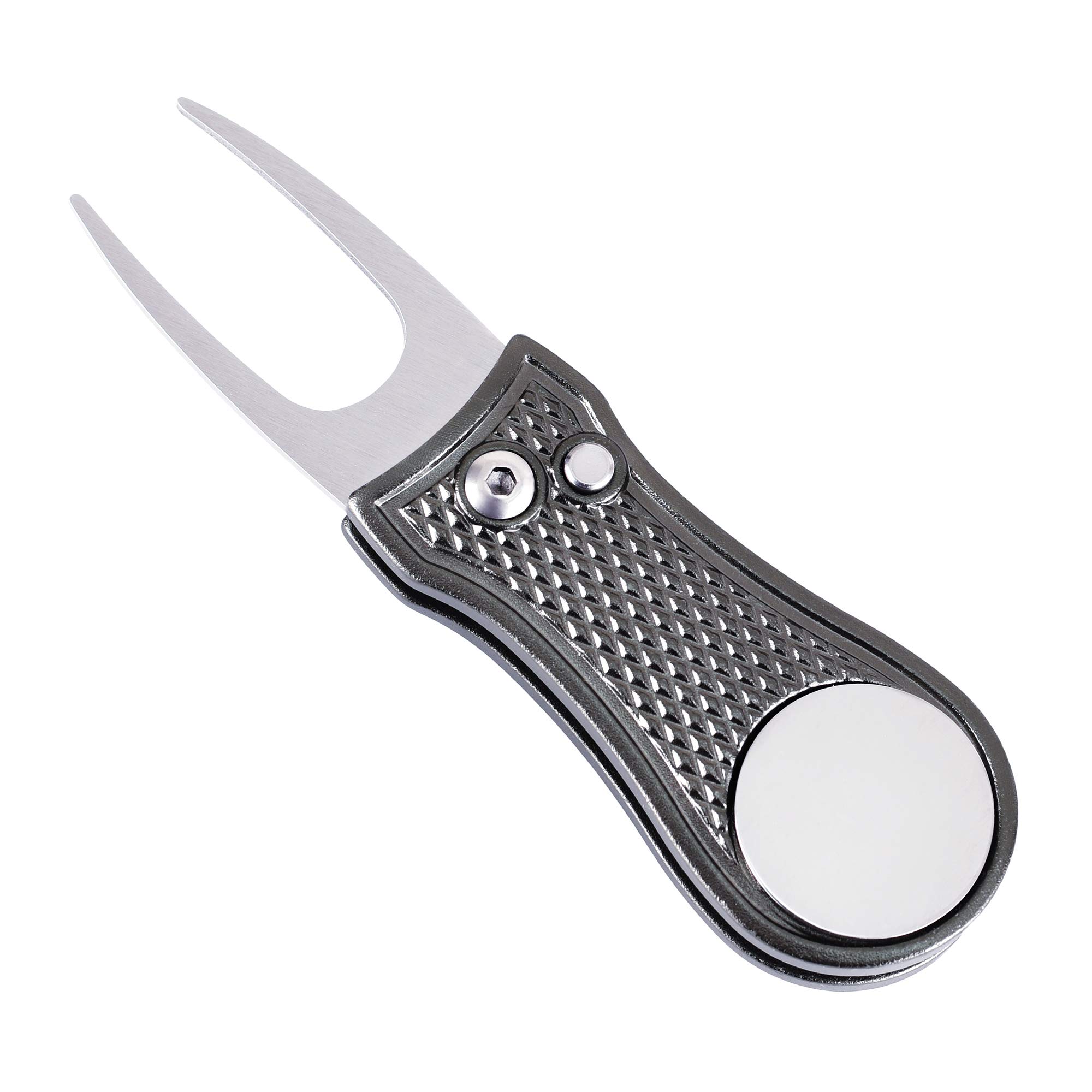 Mile High Life All Metal Foldable Golf Divot Tool with Pop-up Button & Magnetic Ball Marker (Silver Fish)