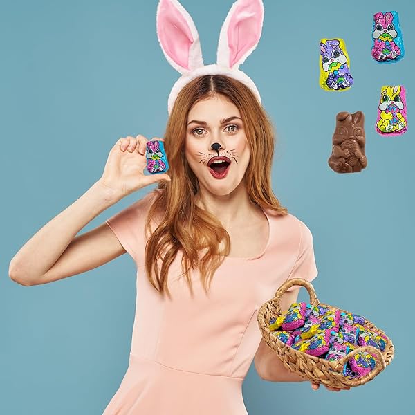 EASTER MILK CHOCOLATE BUNNIES, SMOOTH & CREAMY PARTY BAG FILLERS, INDIVIDUALLY WRAPPED MULTICOLOR FOILS (HALF-POUND)