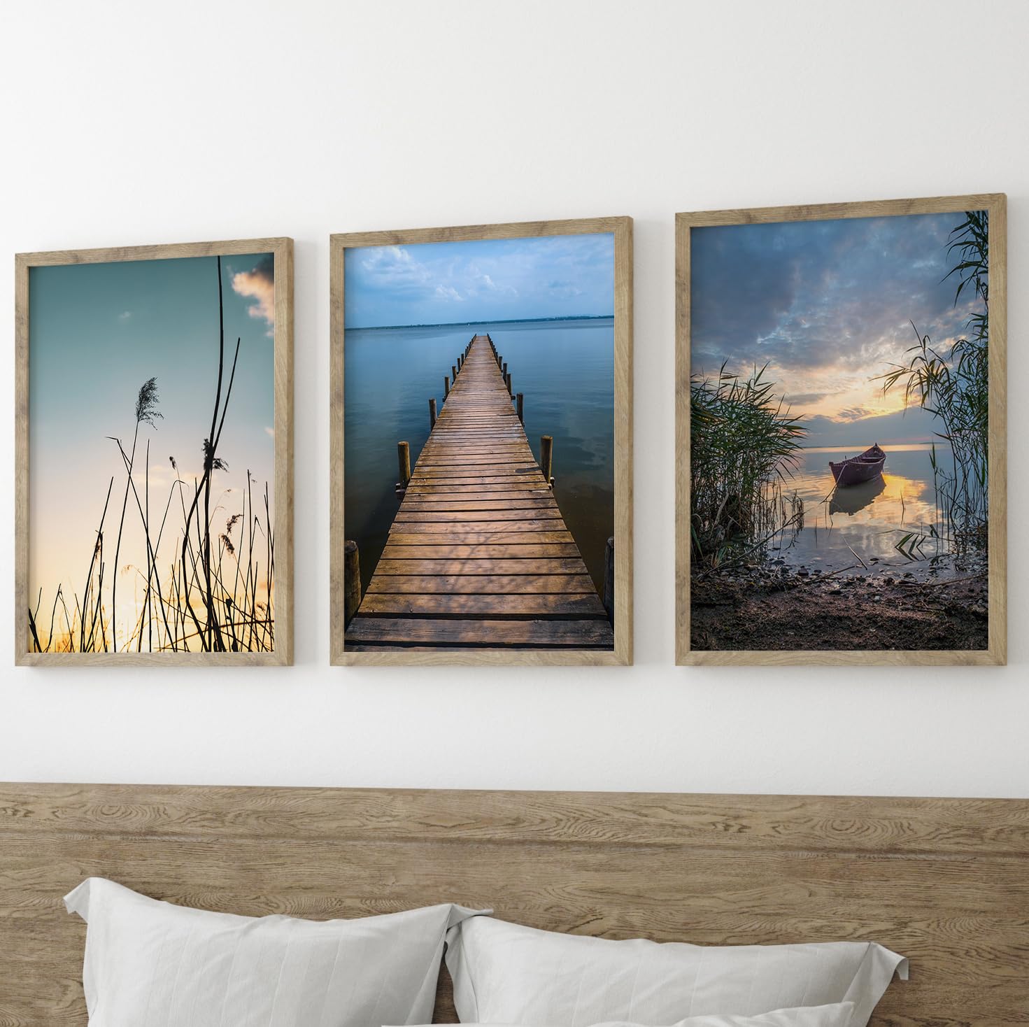 Eviepops Prints Boat On The Lake Relaxing Landscape Set of 3 Unframed Wall Prints, Natural Photo Art, Home Décor, Boat, Bridge, Reeds, Water Reflection, Calming (A3) — image 1