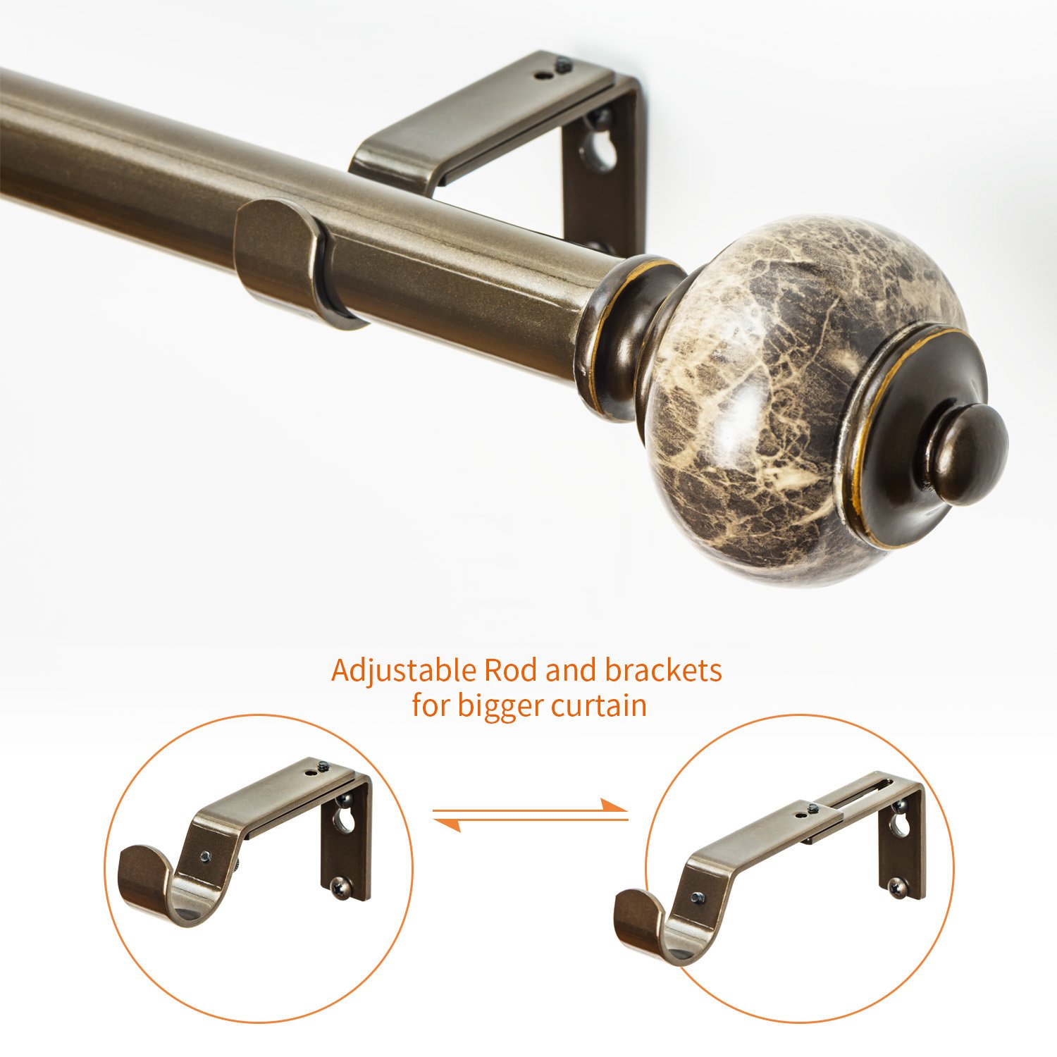 KAMANINA 1" Curtain Rod Single Window Rod 72-144" with Marble Texture Finials, Bronze, Drapery Rod of Window Treatment