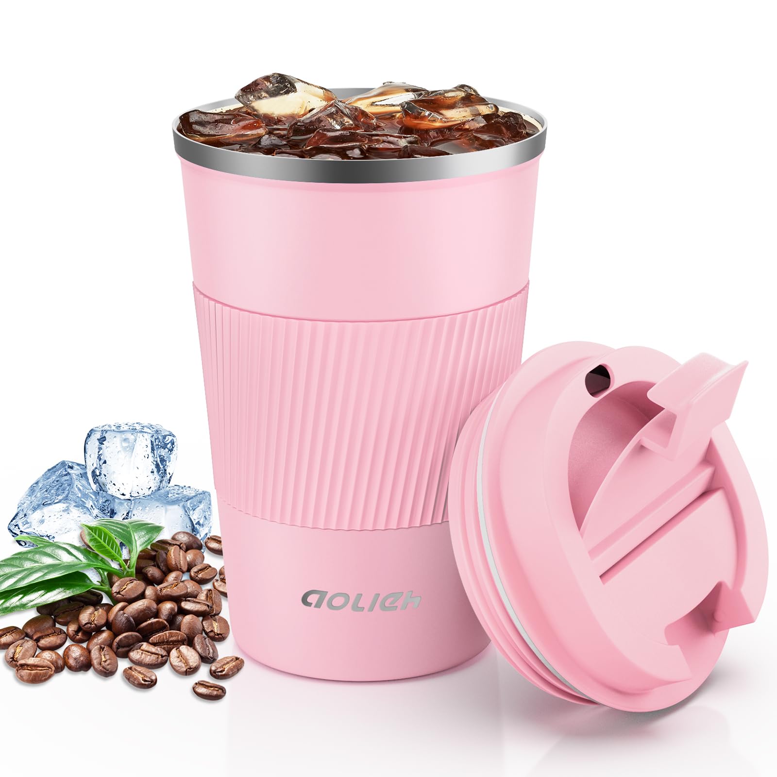 Aolieh Travel Mug 380 ml, Insulated Coffee Cup with Lid, Reusable Stainless Steel Thermal Cup for Coffee, Tea & Cold Drinks, Leak-Resistant Double-Walled Travel Mug, Pink