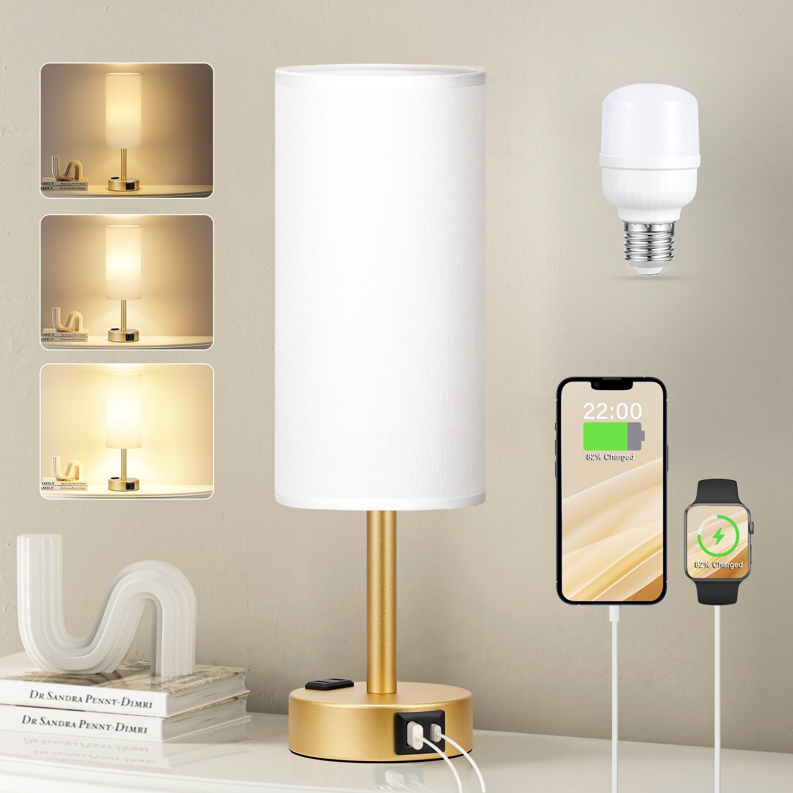 Photo 1 of Fenmzee Gold Touch Lamp for Bedroom- 3 Way Dimmable Bedside Lamp USB C A Charging Ports and AC Outlet, Small Table Lamp White Linen Lampshade for Gift, LED Bulb Included