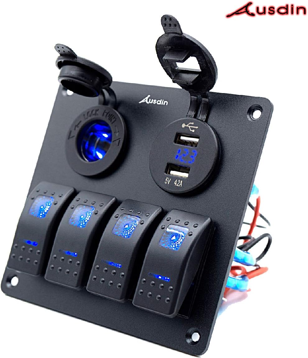 Led Light Bar Switch Panel-Ausdin Rocker Switch Panel LED Light Bar Wiring Harness Control Box Aluminium Design Waterproof Switch Panel Cigarette Lighter 4.2A USB Charger Digital Voltmeter