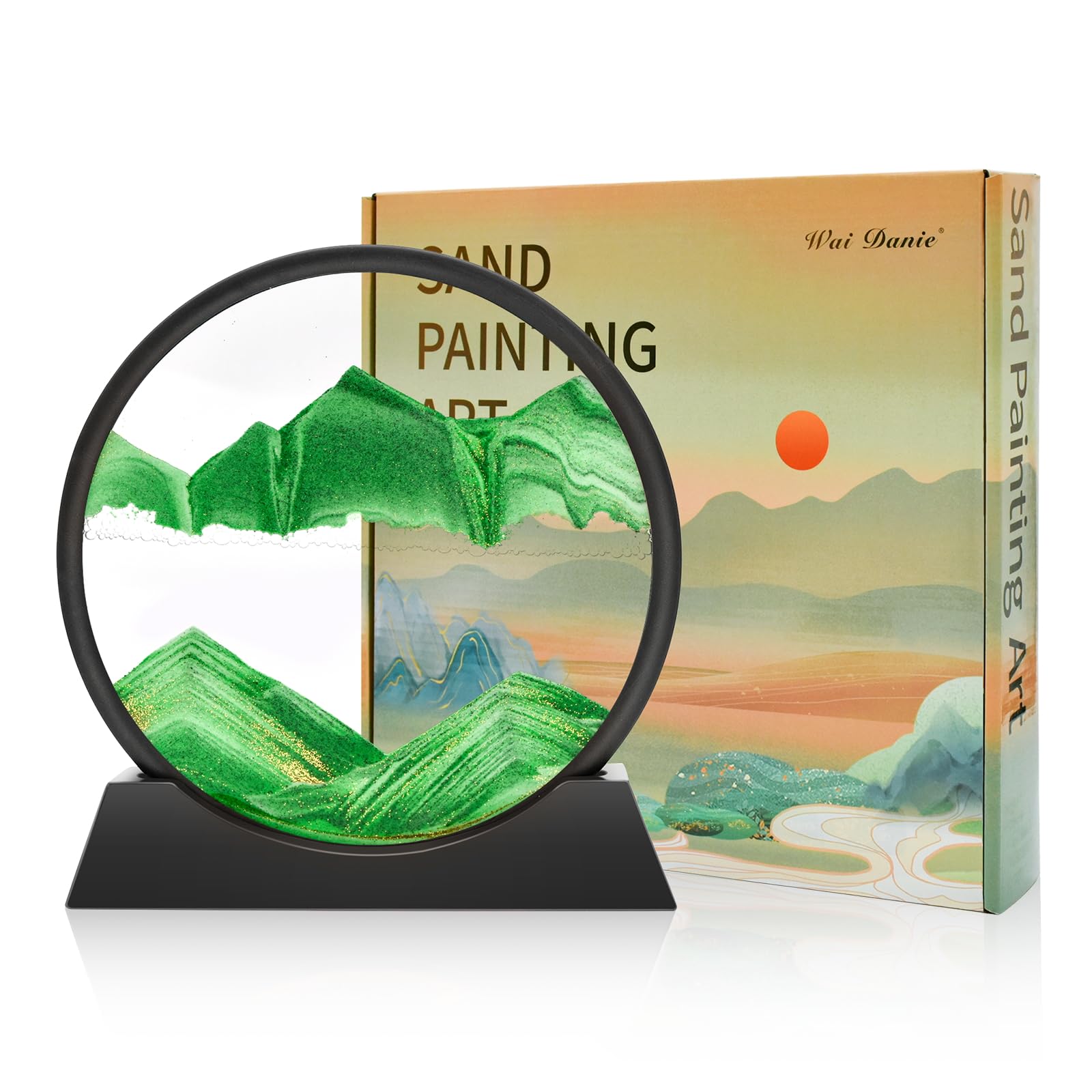 Wai Danie Moving Sand Art Picture 3D Hourglass Deep Sea Sandscape Liquid Motion Display Painting Flowing Sand Frame Relaxing Desktop Home Office Work Decor (Green, 12")