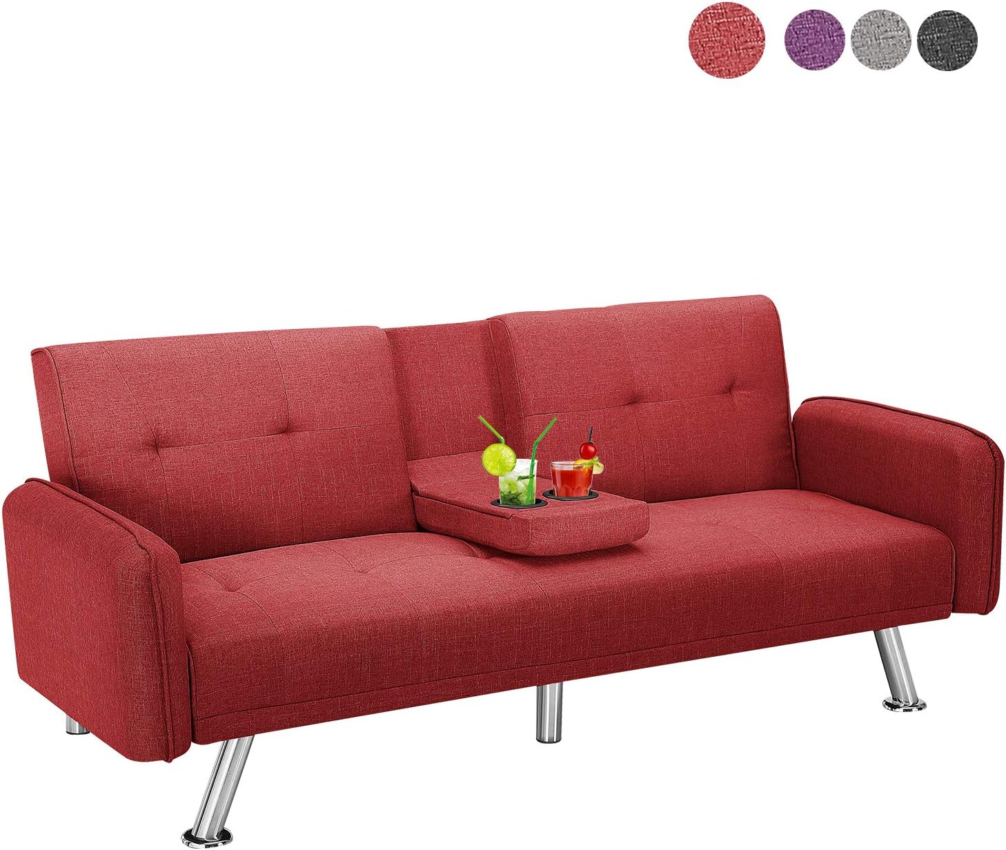Futon Sofa Bed Twin Size Sleeper, Baysitone Convertible Lounge Couch with Armrest / 2 Cup Holders/Linen Fabric/Metal Legs (Red)