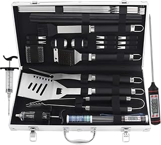 grilljoy Grillbesteck im Koffer, 25PC Edelstahl Grillzubehör im Aluminiumgehäuse, Premium-Komplett Geschenkset für für Männer und Frauen am Geburtstag, Vatertag, Weihnachten