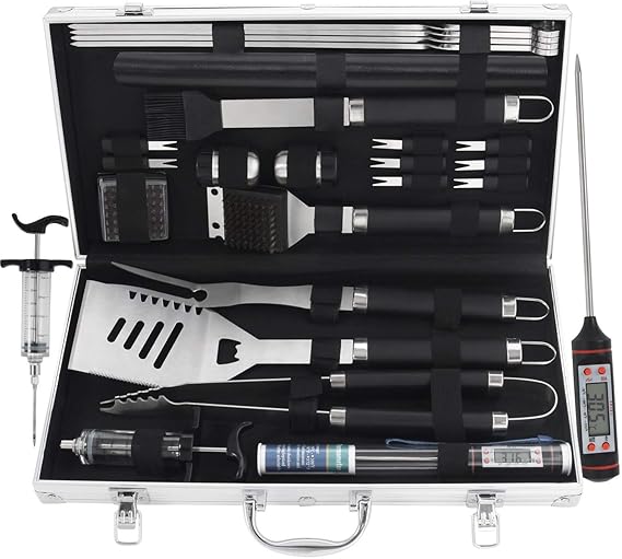 grilljoy Grillbesteck Set, 25er Edelstahl Grillzubehör mit hitzebeständigem Griff im Etui, Premium Complete Outdoor Grill Ute