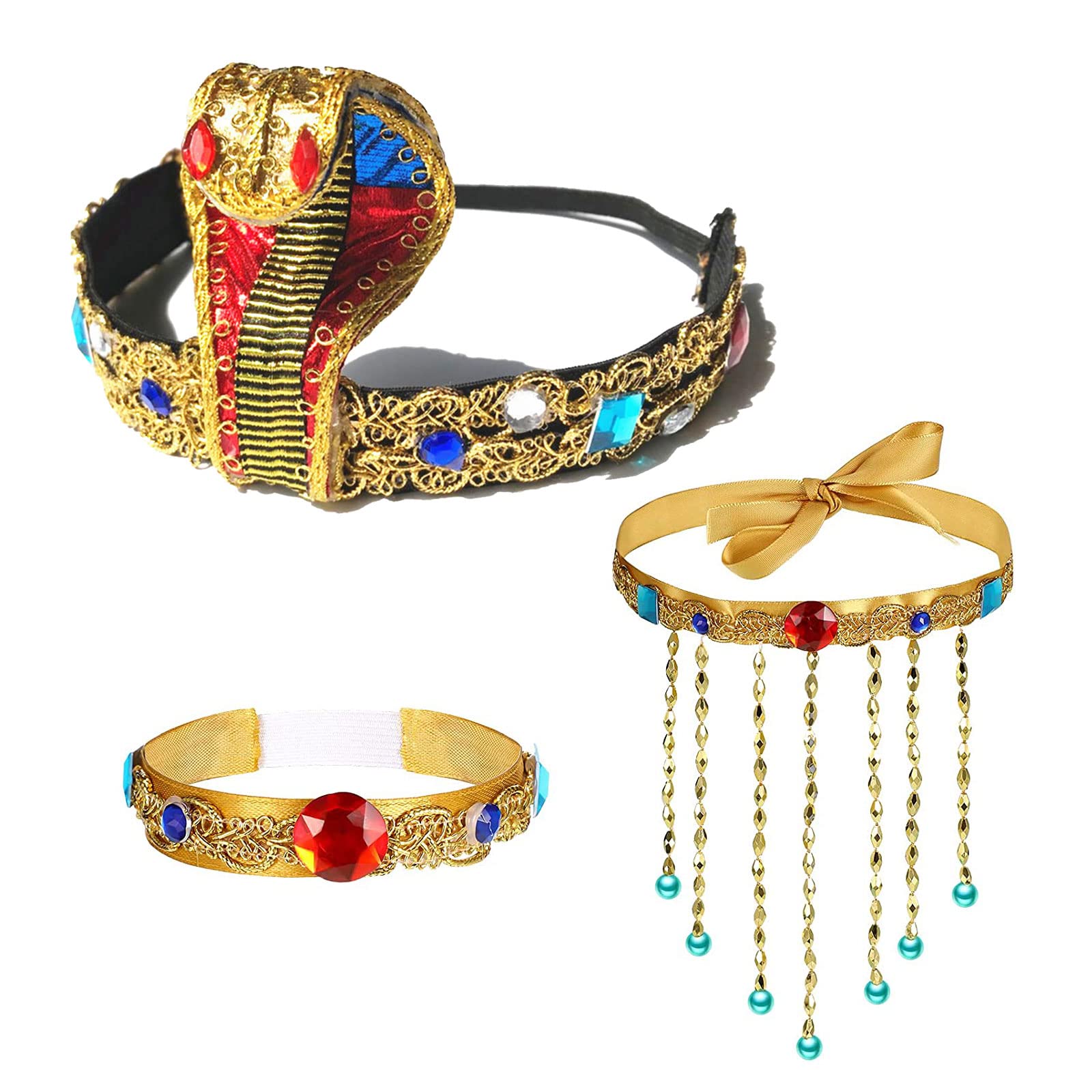 MIVAIUN 3 Pieces Halloween Egyptian headpiece Costume Accessories Egyptian Cobra Headpiece Snake Beaded, Beaded Tassel Necklace, Halloween Costumes Vintage Party Decoration (3 pcs)