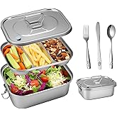 SUTETLW 304 Stainless Steel Bento Box Leakproof 3-Compartment Tray, 1800ml Stainless Steel Lunch Box with Airtight Valve Handle, Including Utensil Set (Fork/Knife/Chopsticks) for Travel, Work.