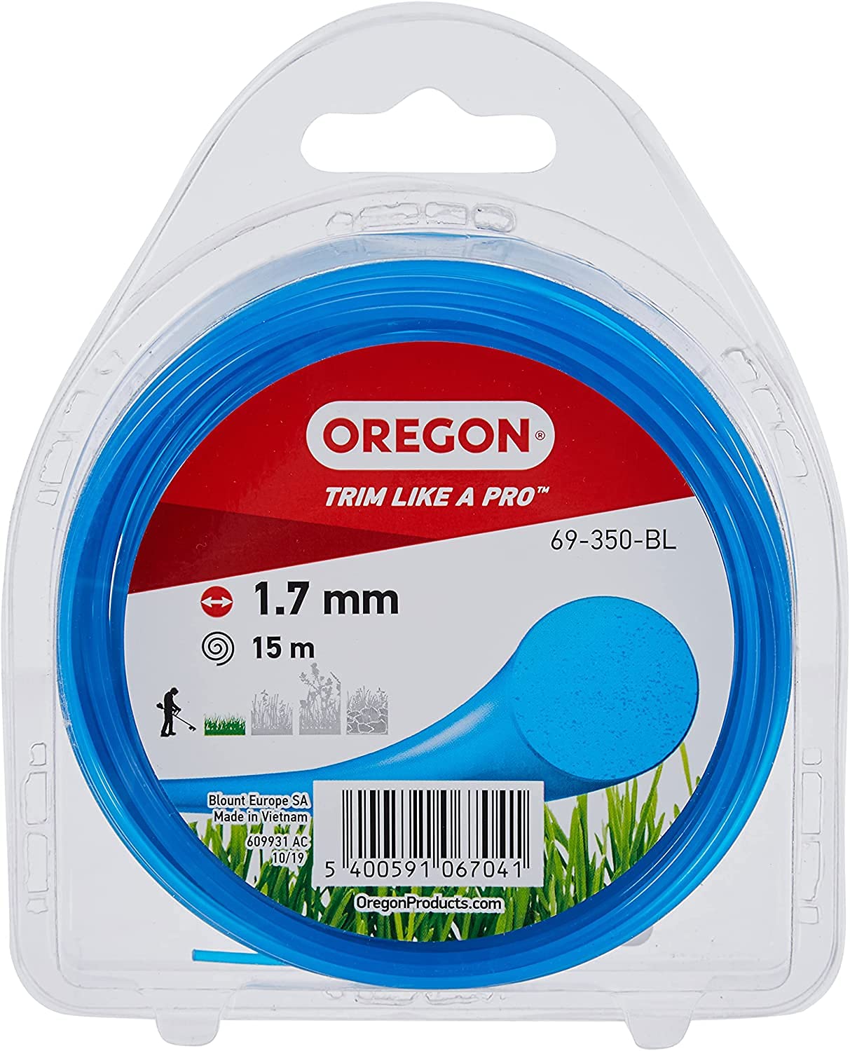 Oregon Blue Round 1.7mm Strimmer Line, Trimmer Line Tackles Grass, Weeds, Lawn Edges & Flower Beds, Gardening & Lawn Care Nylon Strimmer Wire, Fits Most Standard Models, 1.7mm x 15m (69-350-BL)