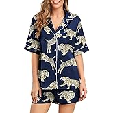 Brosloth Womens Silk Pajama Sets Shorts Button Up Animal Print Pajamas Satin Pjs Short Sleeve Summer Sleepwear Set