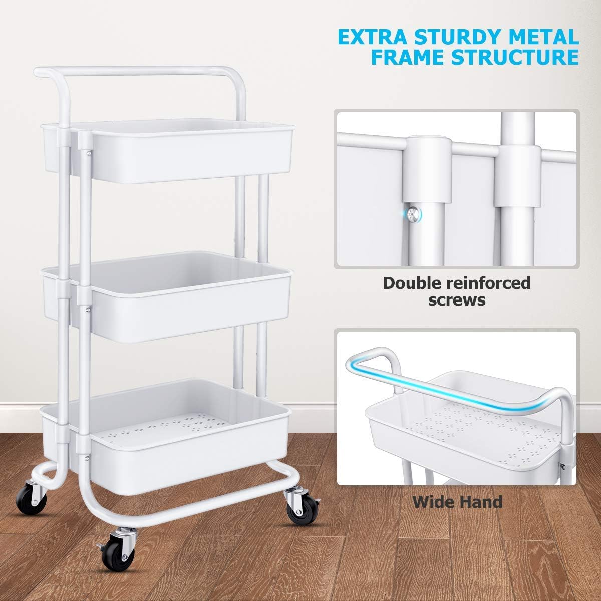 Homemaxs 3 Tier Rolling Utility Storage Cart with Handles and Roller Wheels Craft Cart for Kitchen, Coffee Bar, Microwave Cooking Station, Storage, Office, Bathroom (White : Office Products