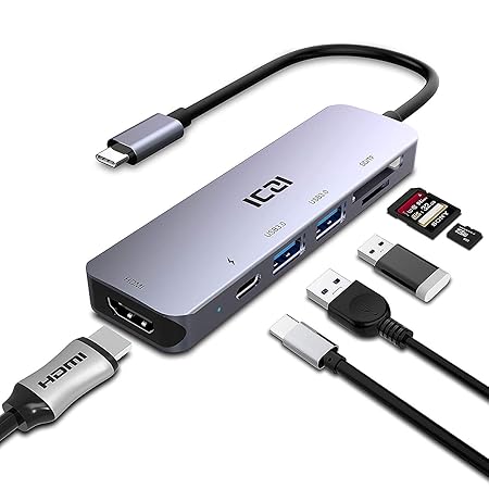ICZI USB C Hub Aluminium 6 in 1 USB C Adapter Dex mit HDMI 4K, 2 USB 3.0, USB C PD 60W (20V,3A) und SD/Micro SD Kartenleser f