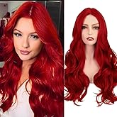 Sabosi Red Wig for Women Long Wavy Wigs Middle Part Curly Wavy Wig Natural Looking Synthetic Heat Resistant Fiber Wig for Daily Party Use