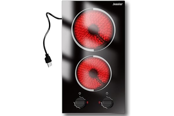 Jessier 2 Burner Electric Cooktop 110V 2000W Countertop or Built-in | 12 Inch Plug in Two Burner Electric Stove, Hot Plate Ceramic Stovetop, Knob Control, 9 Power Levels and Overheat Protection