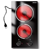 Jessier 2 Burner Electric Cooktop - 12 Inch Plug in Portable 110V Electric Cook Top Two Burner, Built-in & Countertop Ceramic Stove Top with Knob Control, 9 Power Levels and Overheat Protection