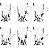binsakao Glass Tea Cups Set of 6 - Clear 9.6 Oz Footed Tea Cups with Handles - Classic Etched Tea Glasses